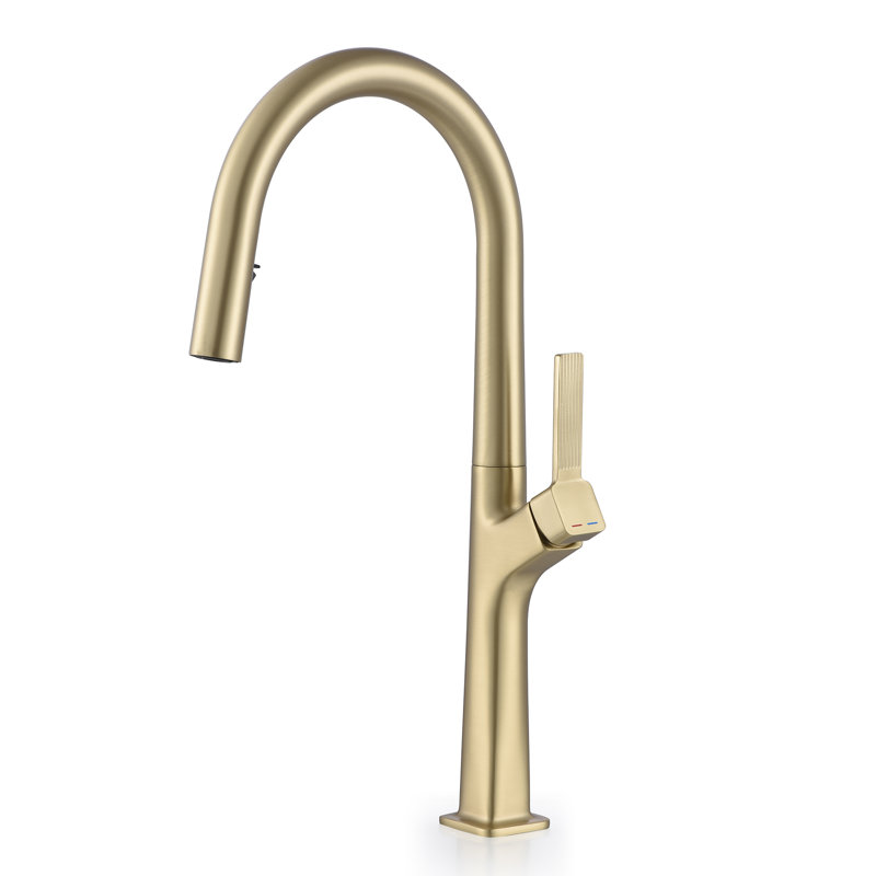 17.71" Solid Brass Single Hole Single Handle Pull Down Kitchen Faucet, Brushed Gold