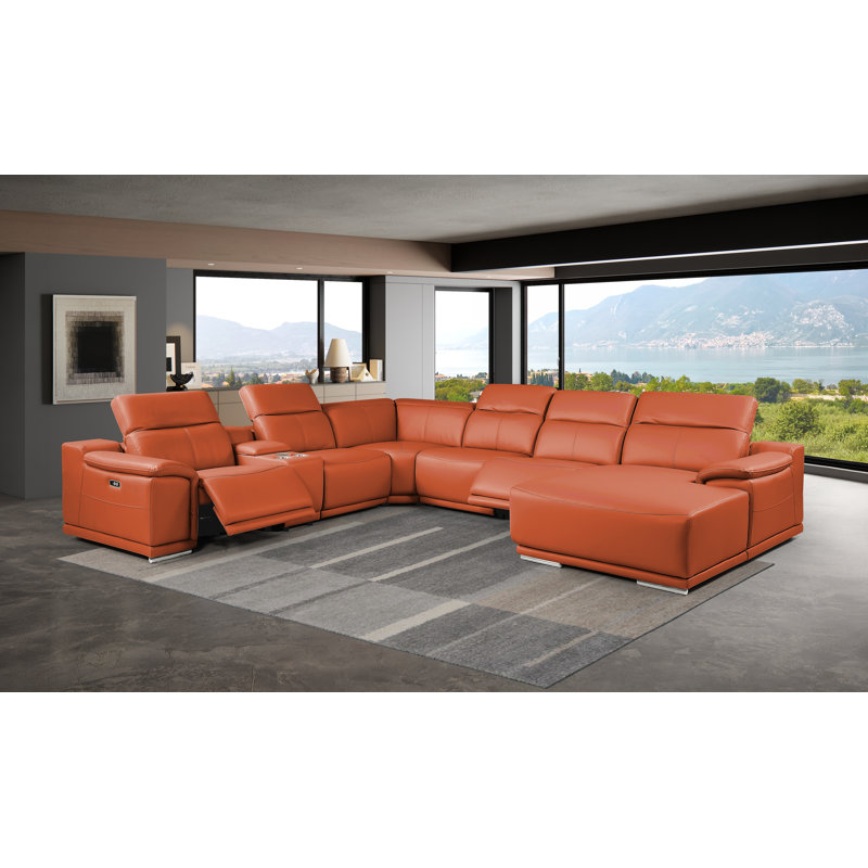 Canapé modulaire en forme de L 7 pièces DivanItalia Camel, Camel Genuine Leather, Orienté à droite