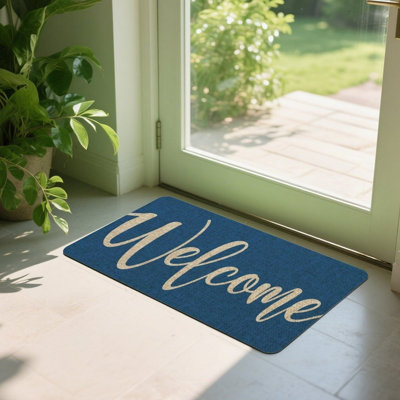 Blue Welcome Script Home Decor Door Mat 24"x 36", For Indoor Outdoor Porch