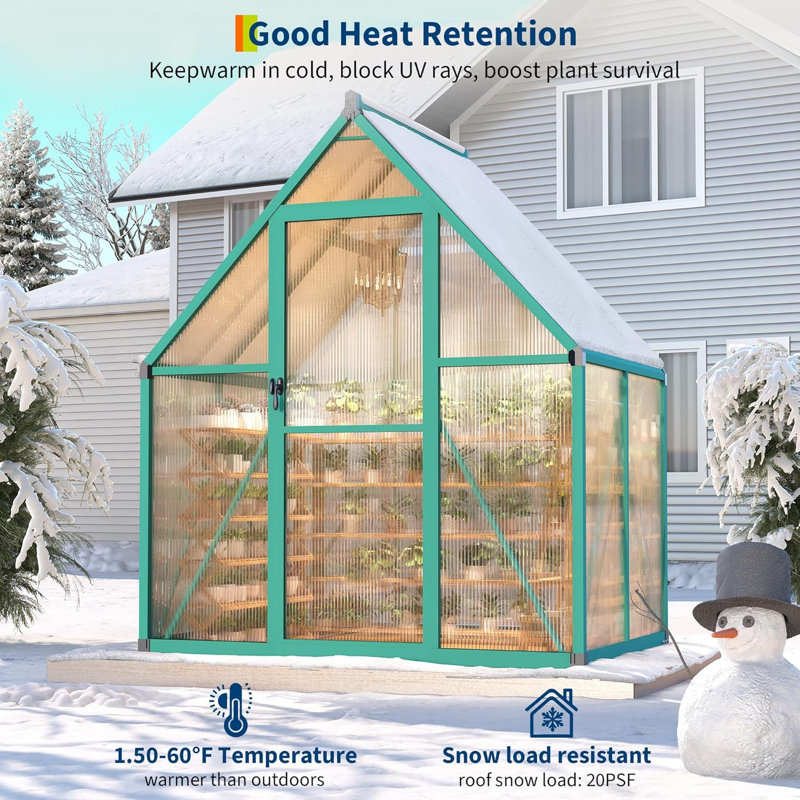 Greenhouse 6x4 FT Aluminum-Framed Heavy Duty Polycarbonate with Quick Setup Structure and Roof Vent Large Enhanced Outdoors Green House Kit