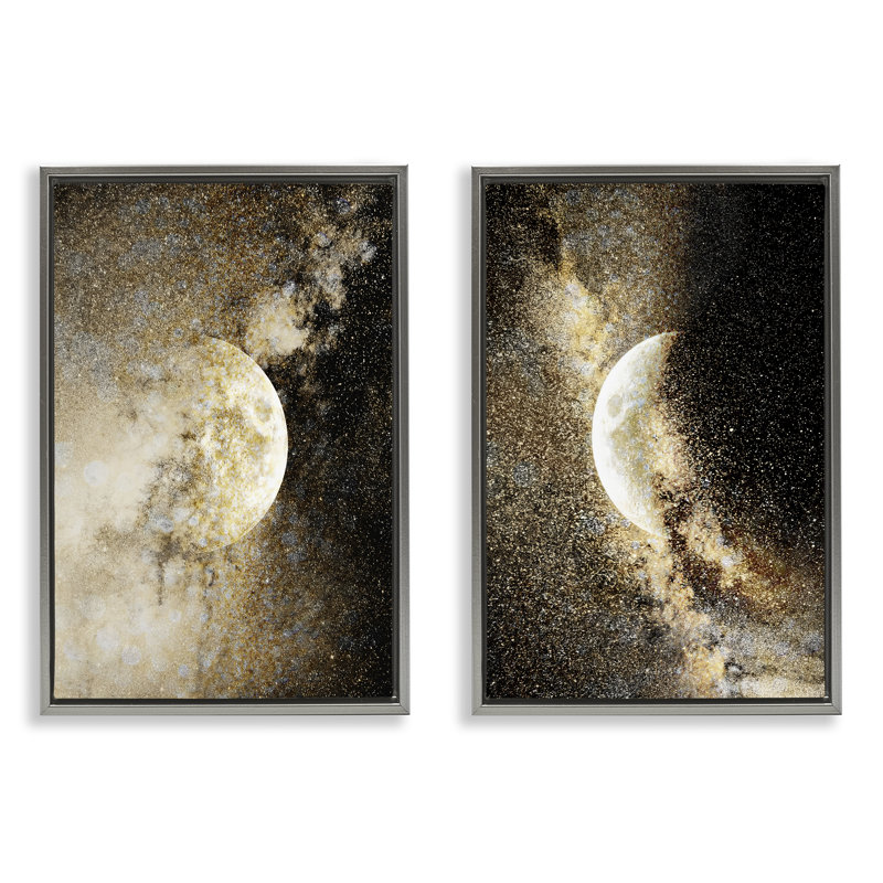 Ensemble de cadres flottants 2 pièces Moons with Starry Nebulas, design par Gemma Bardot, Cadre flottant gris lustré