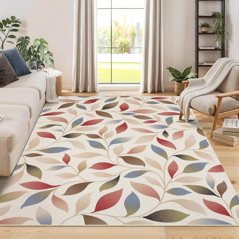 Tapis de salle à manger lavable moderne à motif de feuilles antidérapantes pliable et résistant aux taches