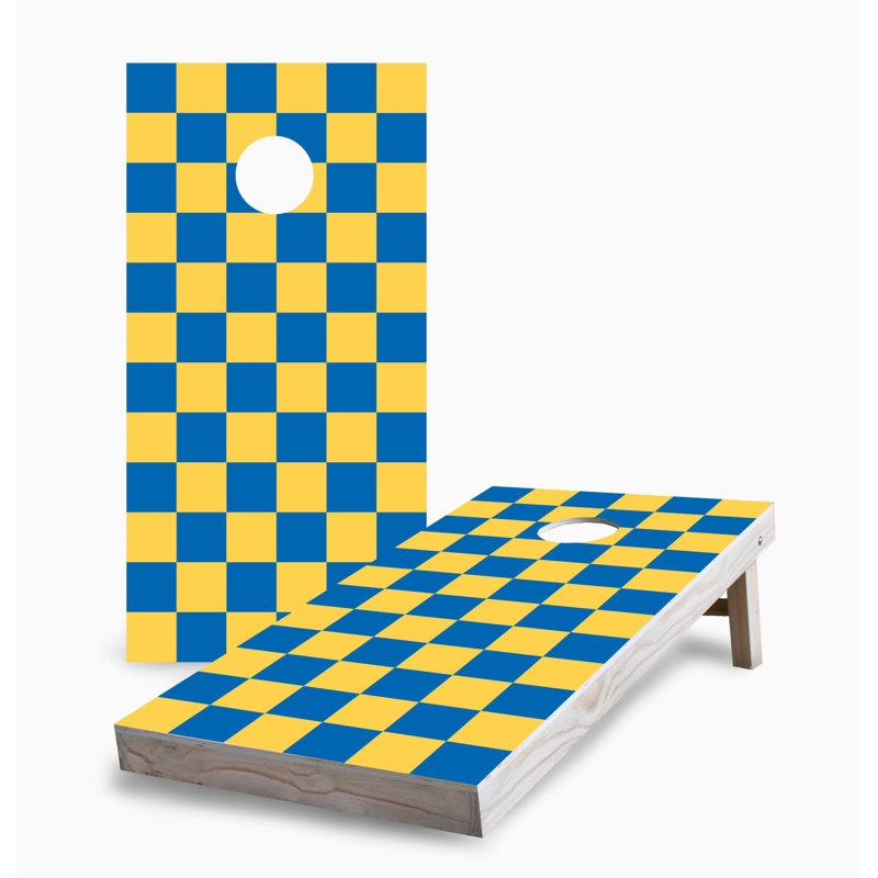 Ensemble de jeu de cornhole 2 x 4 à carreaux royal et jaune | Comprend (2) planches (8) sacs et accessoires optionnels