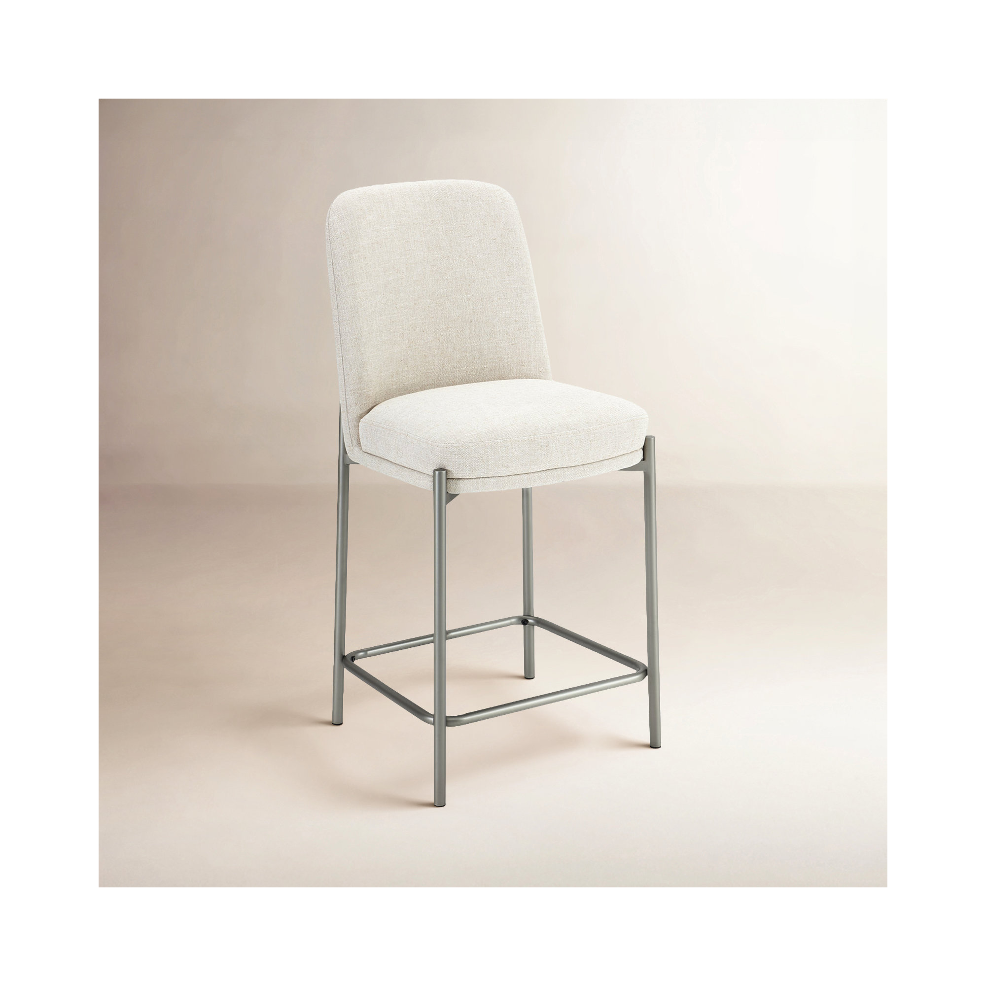 Dion Upholstered Bar Stool In Natural Light Linen And Brushed Nickel Metal, Counter Stool (25” Seat Height)
