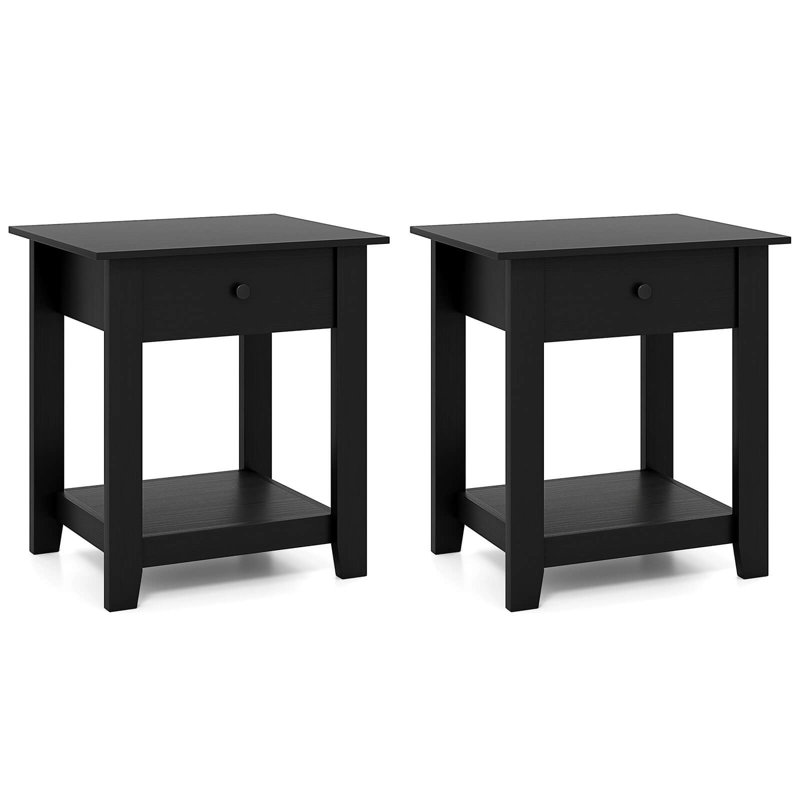Table de chevet moderne à 3 niveaux avec 2 tablettes ouvertes, Ensemble de 2, Noir