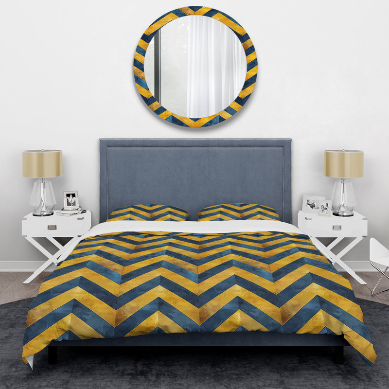 Ensemble de housse de couette moderne bleu et jaune à motif de chevrons glamour VI