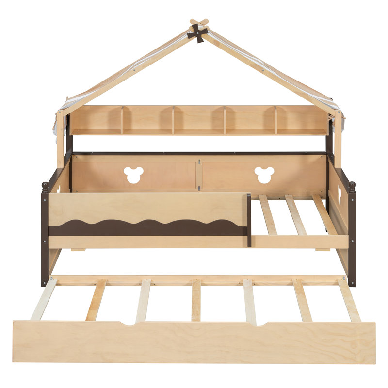 Lit de cabane en bois avec lit gigogne, auvent de tente et étagères, Lit simple, Espresso naturel