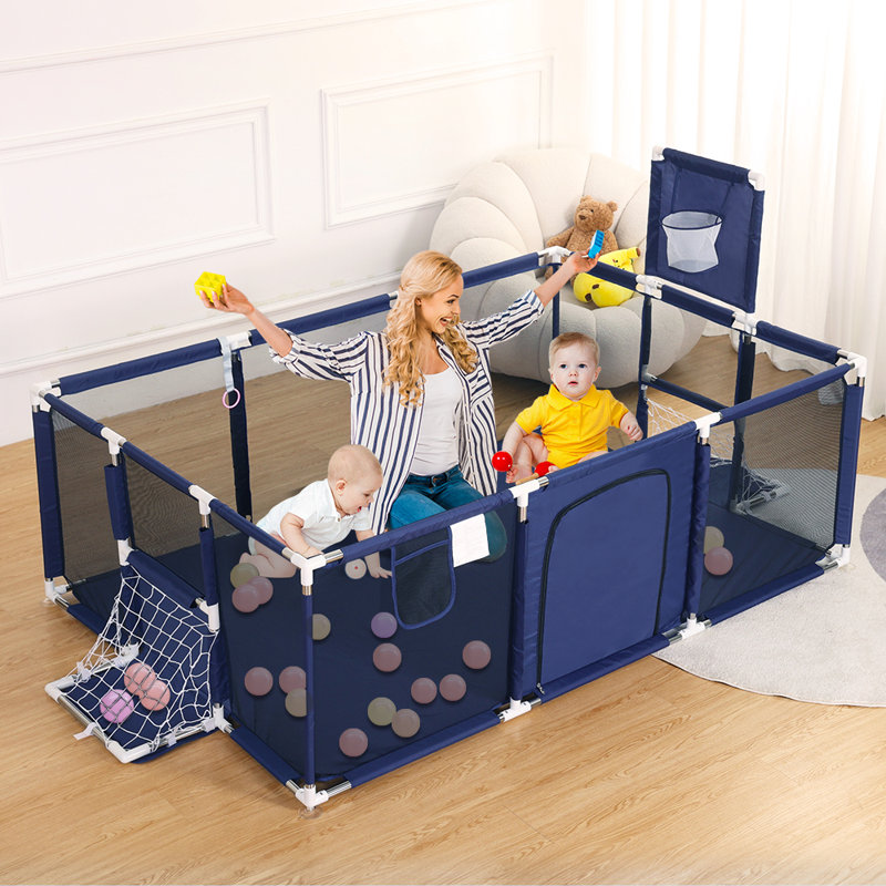 71"x48" Baby Playpen Sturdy Safety Play Yard Activity Center with Basketball Hoop and Football Net, Navy Blue