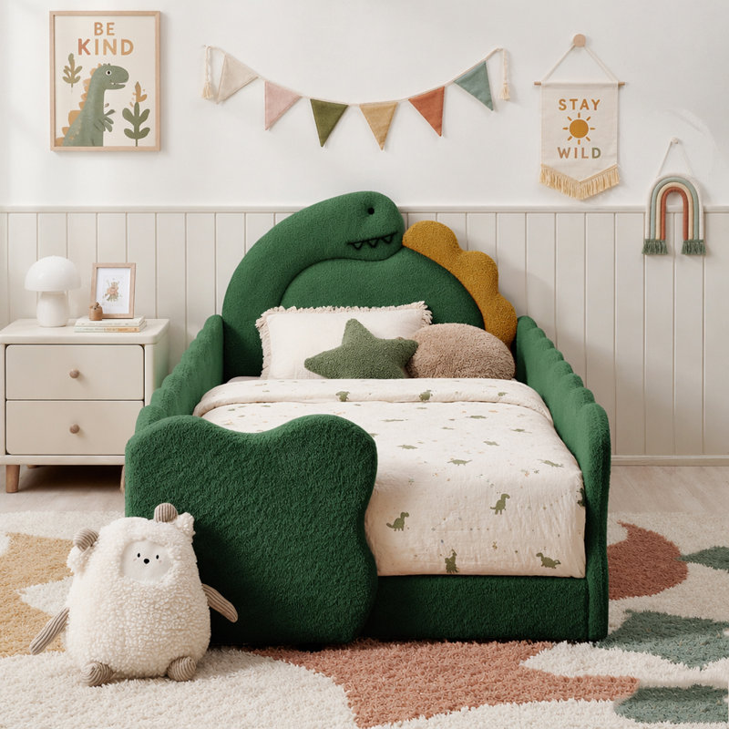 Lit simple pour enfant en forme de dinosaure avec barrières de sécurité, Vert