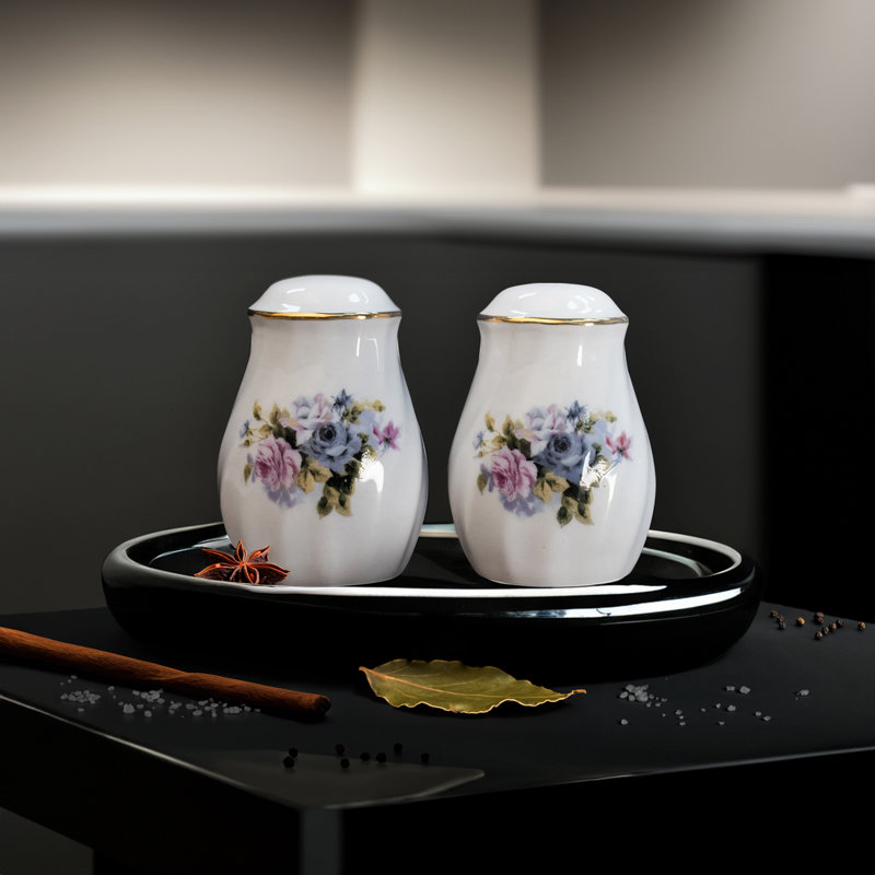 Ramsha White Porcelain Salt & Pepper Shaker set, embossed detail & 24k gold trim