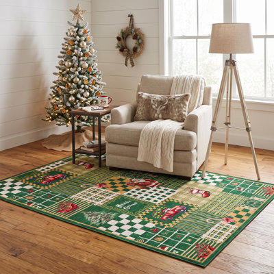 Traditional Farmhouse Christmas Patchwork Area Rug, Vintage Holiday Washable Non-Slip Rug