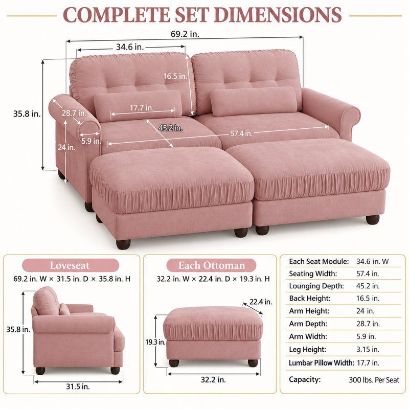 Canapé modulable 2 places en chenille Deerwood de 176 cm de large avec 2 poufs, coussins à volants et coussins lombaires