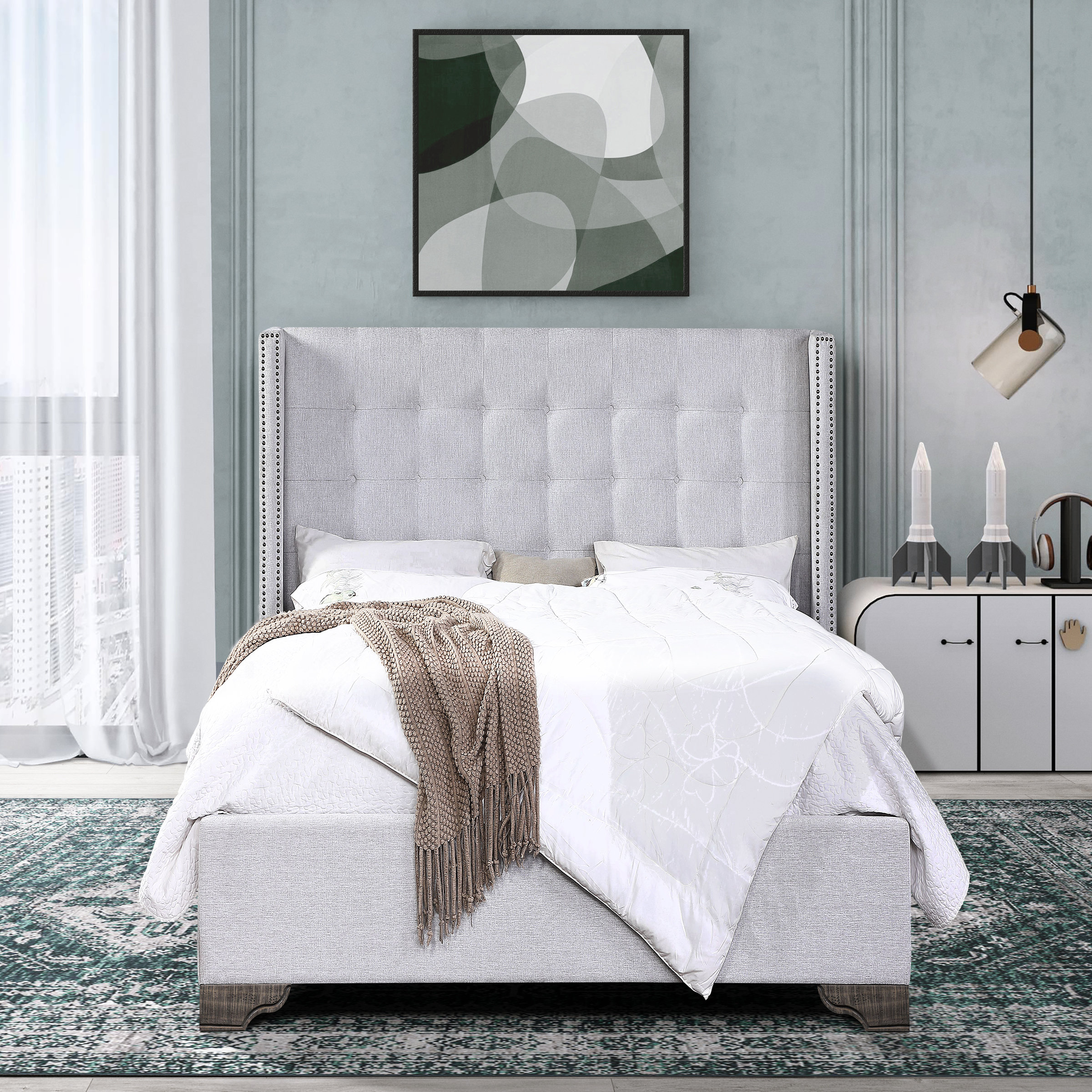 Plethoria Imanni Tan Upholstered Eastern King Bed with Tufted Headboard