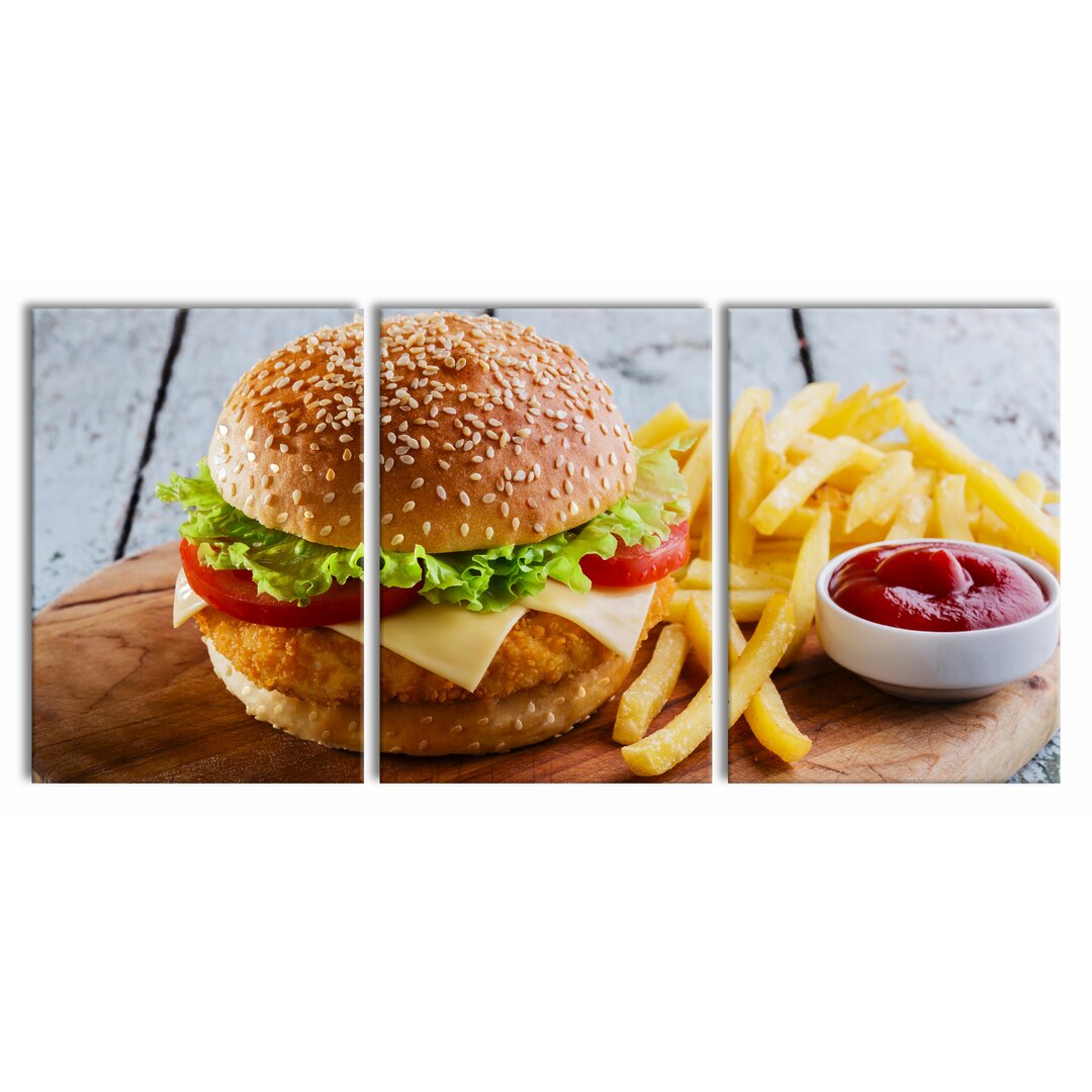 3-tlg. Leinwandbilder-Set Chickenburger Pommes