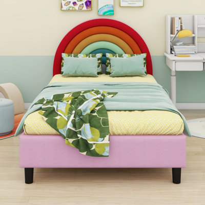 Unique Rainbow Shaped Headboard Design,  Comfortable Upholstered Platform Bed