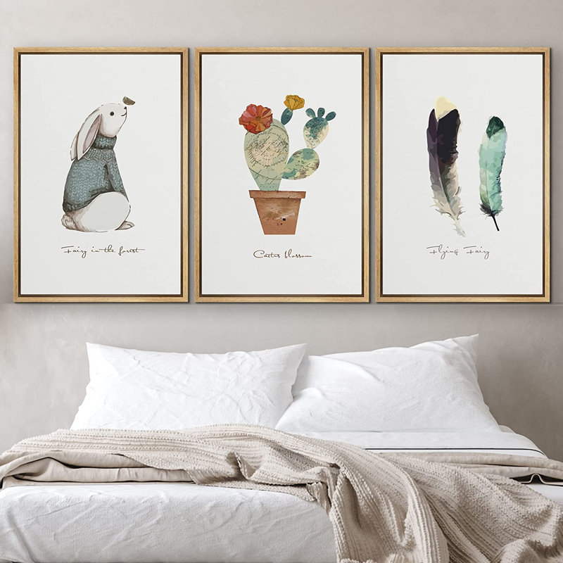 IDÉE4WALL, ensemble de reproductions d'art encadrées, lapin, cactus et plumes, trio, nature sauvage, illustrations, art moderne, rustique, pastel coloré pour le salon, la chambre à coucher, le bureau