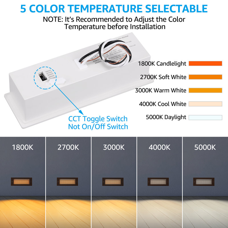 Éclairage à DEL à intensité variable de 120 à 277 V, 1 800 K / 2 700 K / 3 000 K / 4 000 K / 5 000 K sélectionnable, 4,5 W, lumière d'escalier de 300 Lm, étanche IP65, homologué ETL