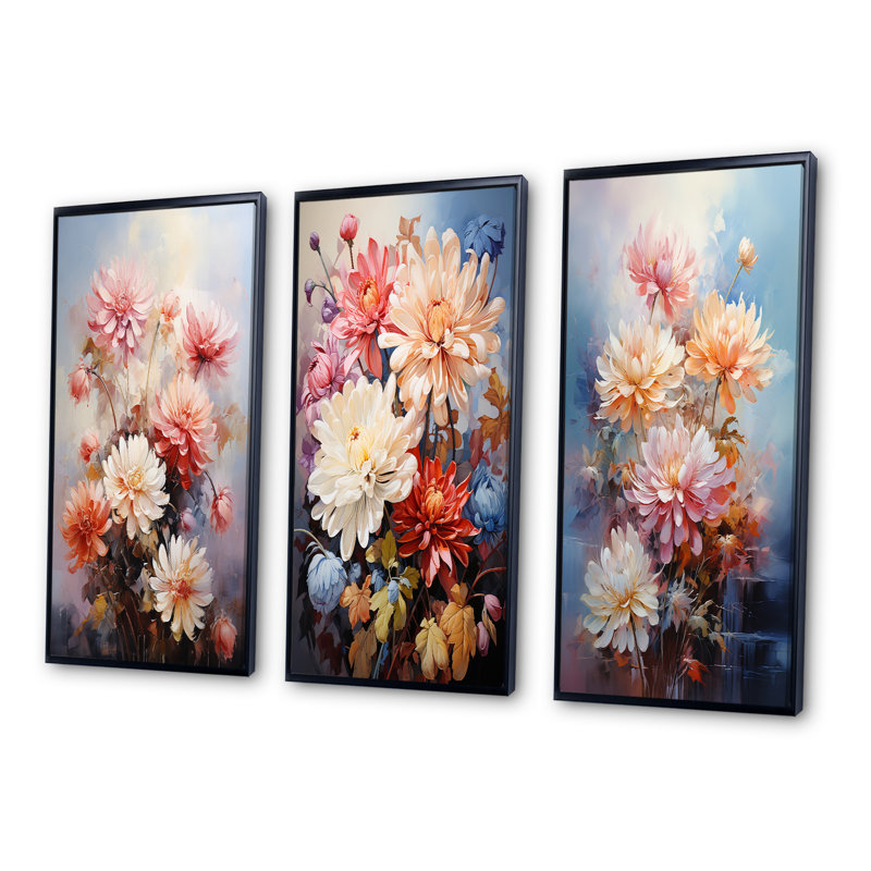 «Pink Chrysanthemums Romantic Impression», 3 pièces sur toile, Cadre noir, H 28 po x l 36 po