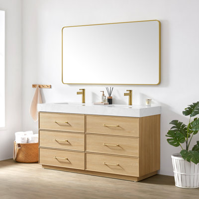 Ensemble de meuble-lavabo à double cuve 60 "en chêne foncé avec plateau en pierre composite Turin