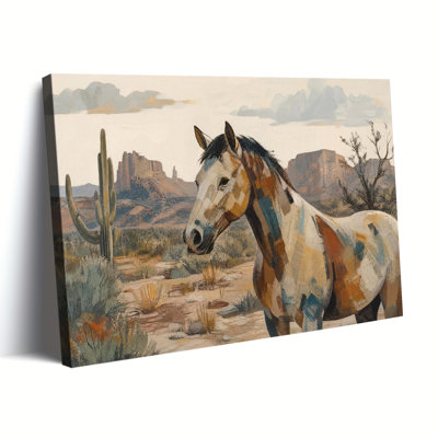 Motif géométrique patchwork cheval Saguaro cactus Arizona désert Mesa paysage impression toile Art plat occidental Sud-Ouest Decor peinture