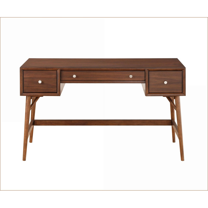 Bureaux: Bureau Mid-Century brun avec 3 tiroirs, placage de noyer, l 51,25 po | Brun | Bois