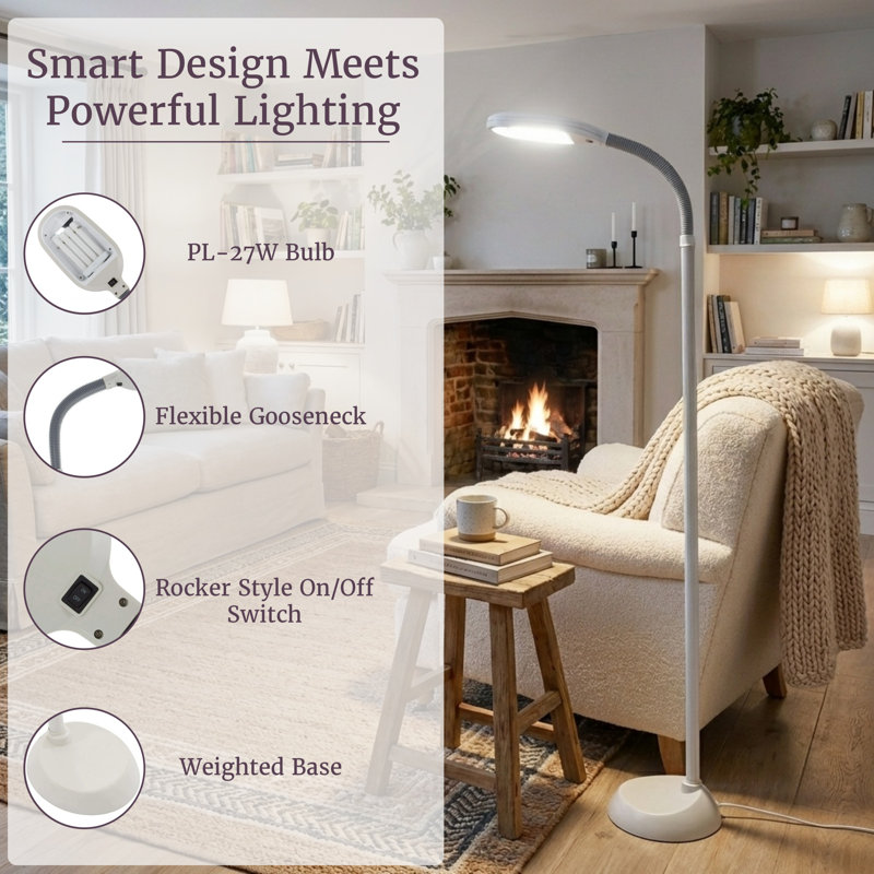 Lavish Home 62.5" Adjustable Floor Lamp for Bedroom - Full Spectrum Natural Sunlight Lamp for Office with Bendable Neck for Reading Light, Craft, Studying, and Esthetician Light