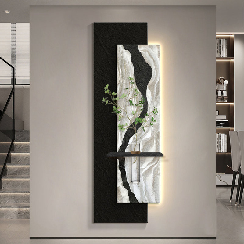 Art mural en grès noir et blanc avec verdure hydroponique - Murale d'entrée, H 59,06 po x l 16,69 po x P 2,36 po