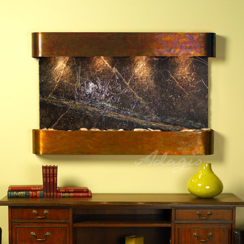 Indoor Acrylic Waterfall Fountain with Lights, Rainforest Green Marble, Rustic Copper