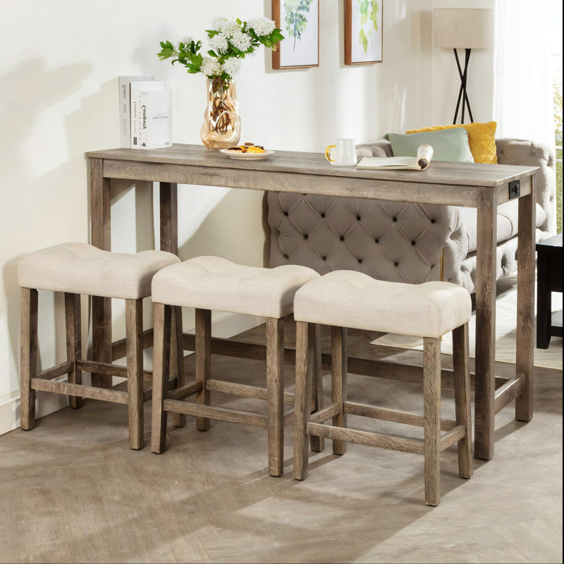 Ensemble de table de bar 4 pièces avec 3 tabourets rembourrés et prise de courant, Brun