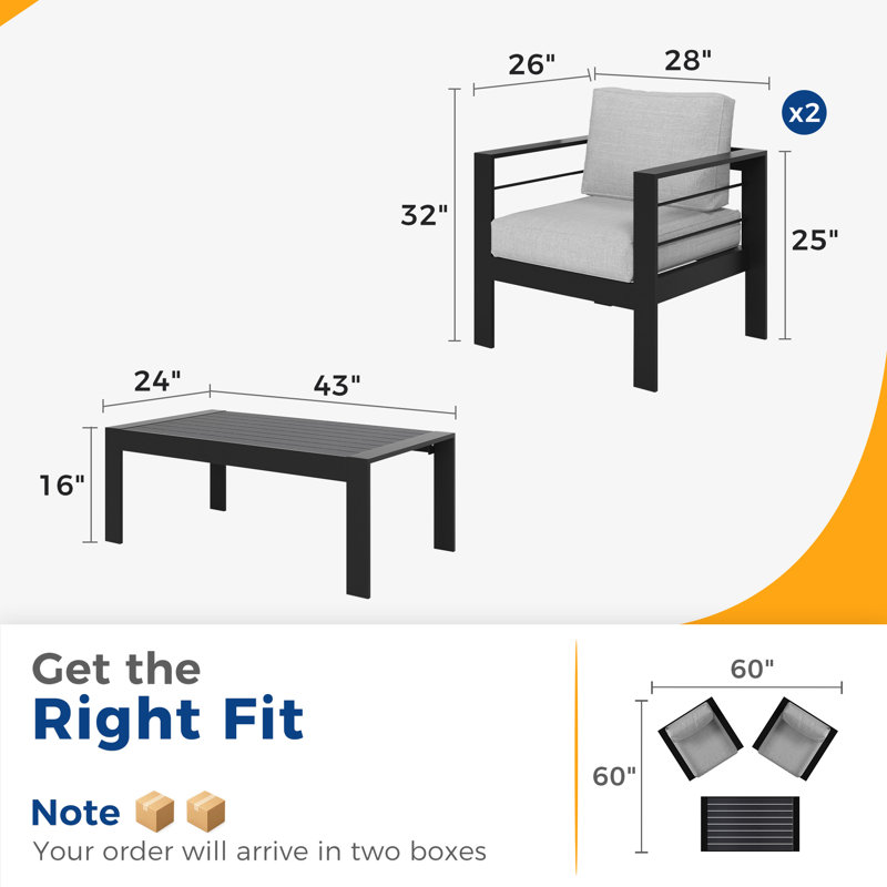 Ensemble de conversation pour l'extérieur en aluminium avec coussins 2 personnes, 3 Pcs: 2 Chairs, Coffee Table, Grey, Black