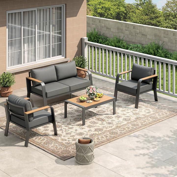 Ensemble de conversation 4 pièces avec table basse, gris - aluminium toutes saisons, coussins lavables pour patio / piscine / terrasse
