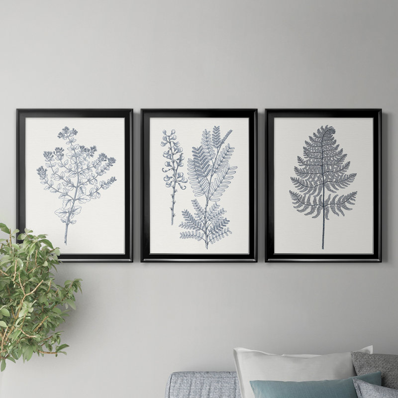 «Indigo Botany Study VI», ensemble de 3 reproductions d'art encadrées, Toile avec cadre noir