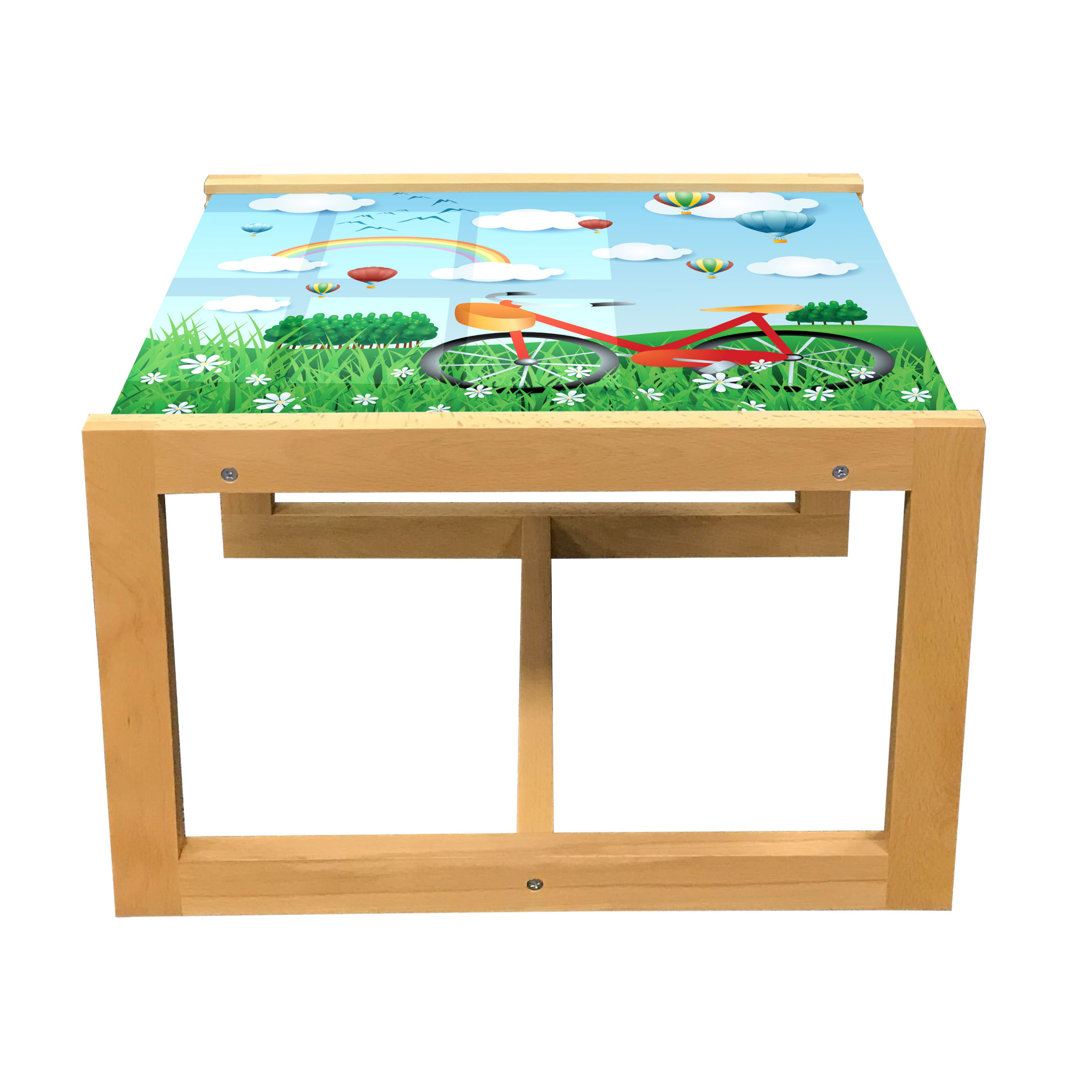 Cartoon Coffee Table, Spring Landscape With Rainbow Clouds Air Balloons And Bicycle On Daisy Grass, Acrylic Glass Center Table With Wooden Frame For O
