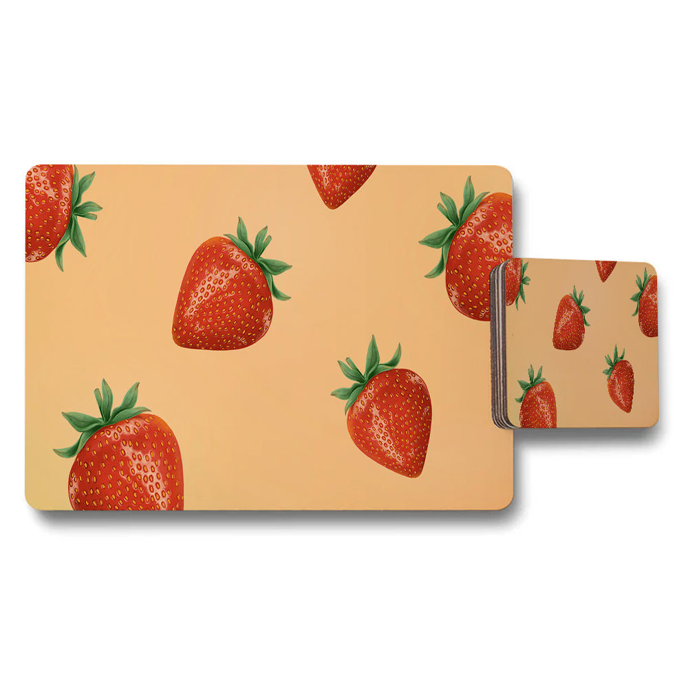 Strawberry Pattern Placemat And Coaster Set With Peach Background