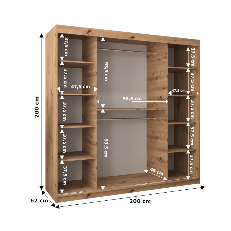 Natalie 2 Door Manufactured Wood Wardrobe, Matt white/Sonoma oak, 200 cm H x 200 cm W x 62 cm D