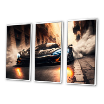 «Black McClaren Sports Car Racing in Italian Street IV», reproduction sur toile 3 pièces