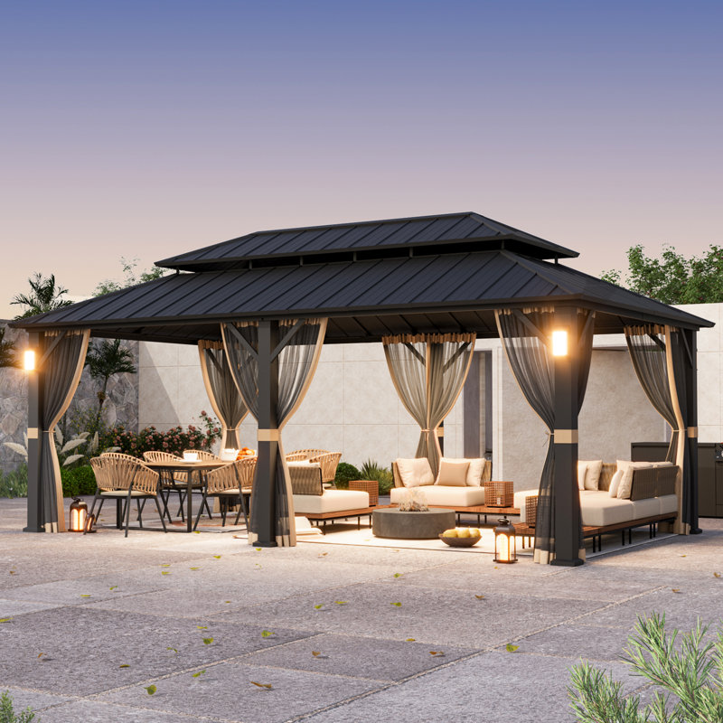 Hamilton 12 FT. x 20 FT. Hard Top Gazebo With Solar Self Powered LED Lights, Mosquito Netting And Canopy Hook, 20' W x 12' D