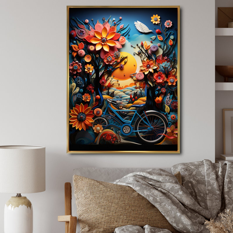 Carmani Bicycle Colorful Ride, reproduction d'art sur toile, H 32 po x l 24 po x P 1 po, Cadre flottant doré
