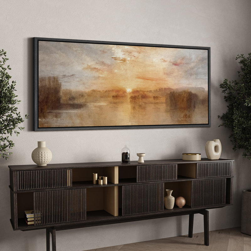 «Golden Lake Sunset», impression sur toile encadrée, décor naturel impressionniste chaleureux, Noir, H 30 po x l 60 po