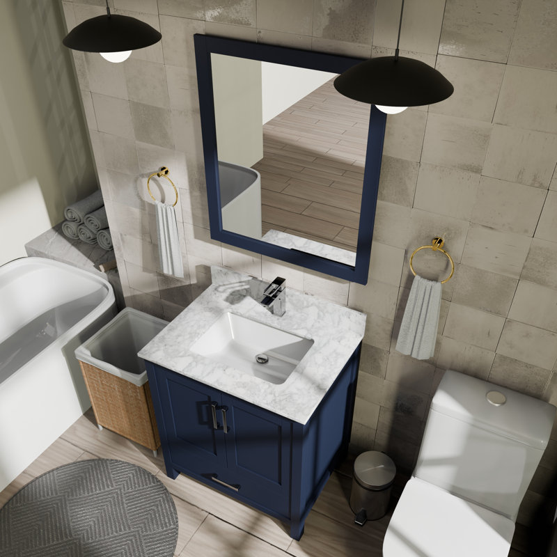 Jacques 30 in. W x 22 in. D Bath Vanity, Top, and 28 in. Mirror, Navy Blue, White Carrara Marble