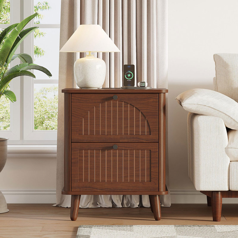 Wide Wood Bedside Table with 2 Drawers