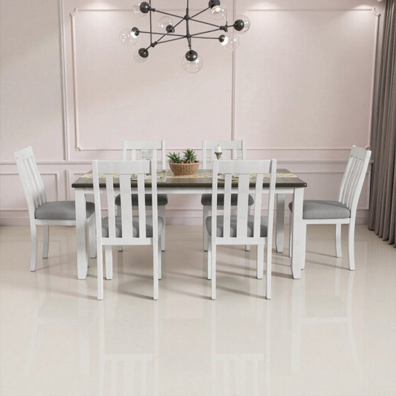 Ensemble de table de salle à manger extensible 7 pièces Retro avec 6 chaises rembourrées et un design en bois massif brun / blanc antique