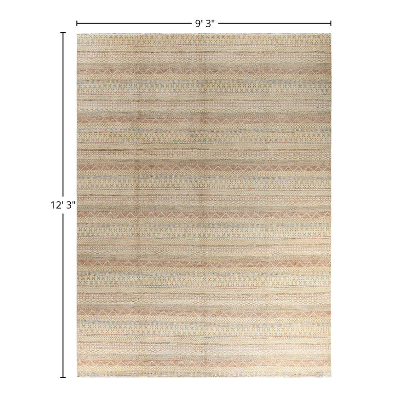 Beige and Light Brown Hand-Knotted Wool Geometric Area Rug, 9'3" x 12'3"