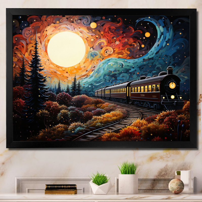Train enchanted voyage pointillisme sur toile, Cadre photo noir, H 30 po x l 40 po x P 1,5 po