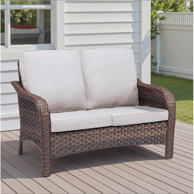 Causeuse de patio en osier 49,6 "avec coussins de siège beige, Beige