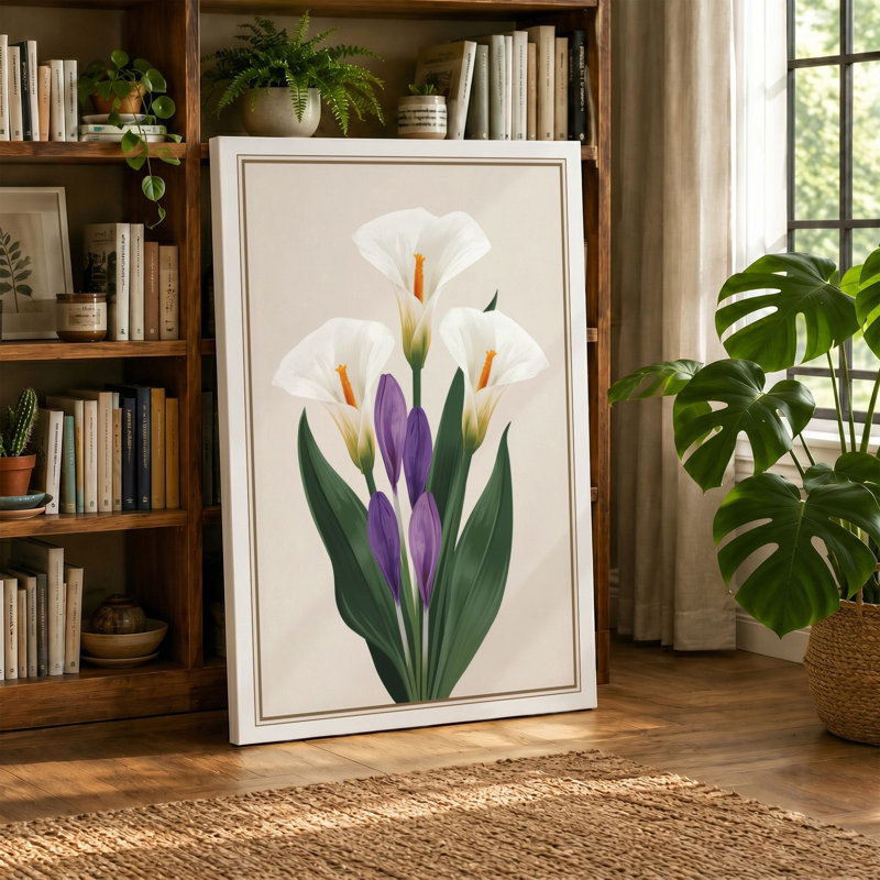 Study in Purple Botanical 1 Piece Wrapped Canvas Wall Art, 36x24 - 91.4 x 61.0 cm, Black Border