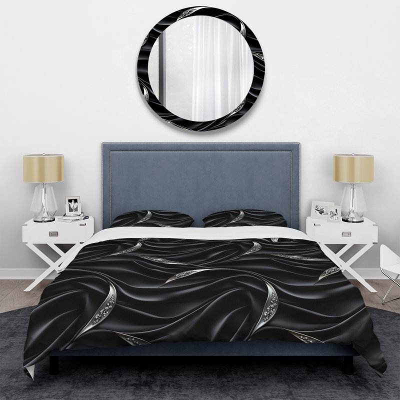 Deep Black Silver Elegance Abstract Duvet Cover, King Duvet Cover + 2 King Shams