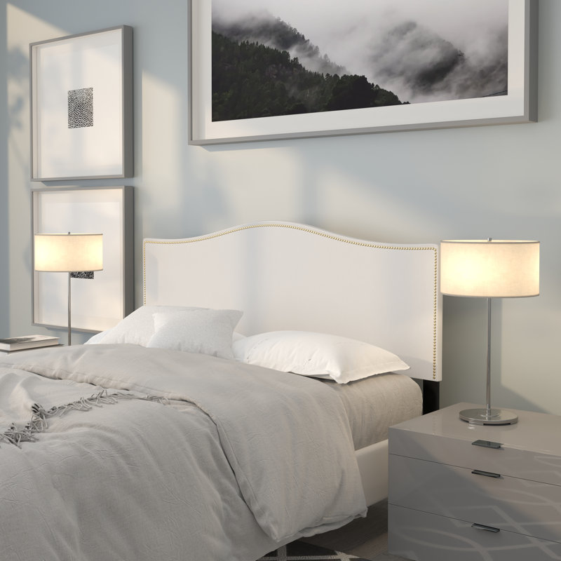 Fitzsimmons Arched Upholstered Headboard with Accent Nail Trim, Queen, White