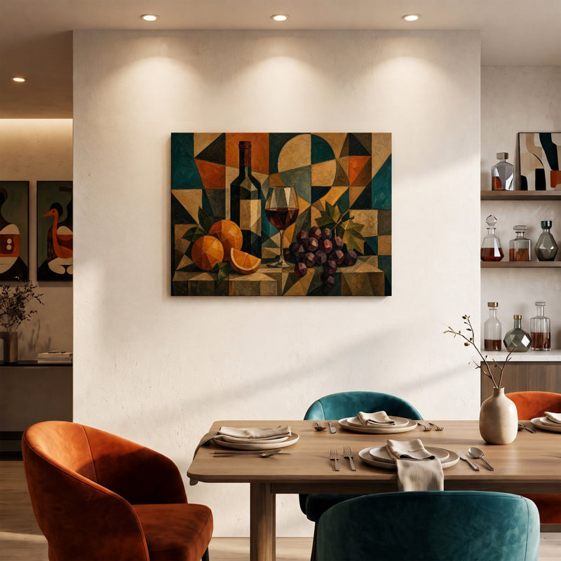Reproduction sur toile d'une nature morte cubiste représentant une bouteille et des fruits - 32 x 48 pouces