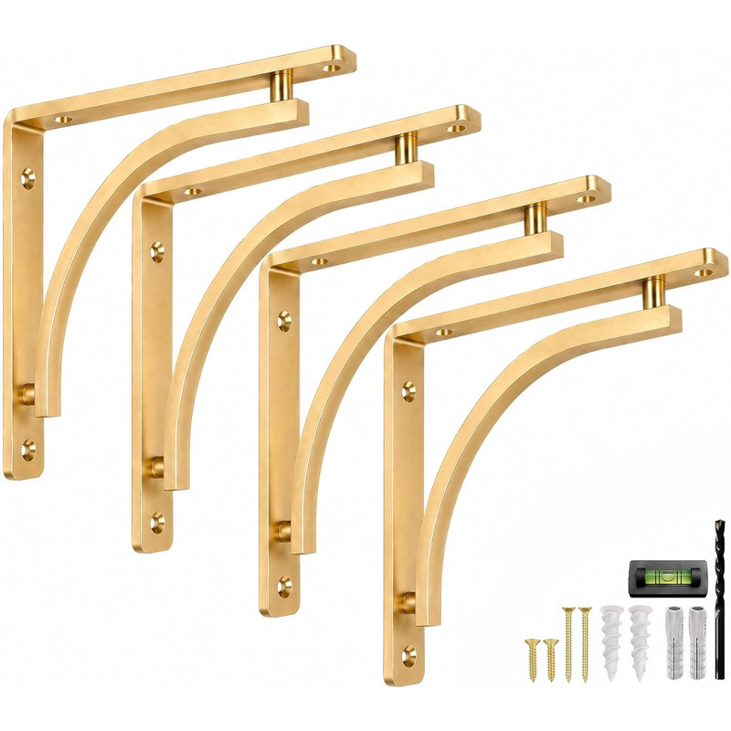 Ensemble de supports de tablette Classic par Balin Designs (laiton) pour tablettes de manteau de 10 à 12 pouces - Supports en L robustes - Supports décoratifs robustes en métal doré - Installation facile avec la quincaillerie incluse - Ensemble de 4